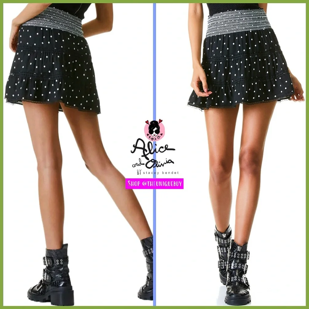 Alice + Olivia Annabeth Polka Dot Black White Lace Trimmed Mini Skirt